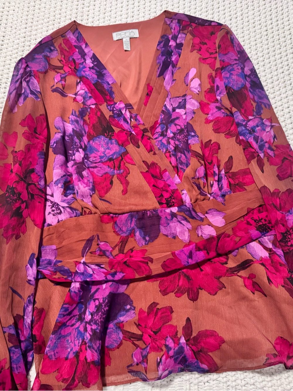 sofia by sofia vergara Rust Floral Wrap Blouse with Pink and Purple Flowers